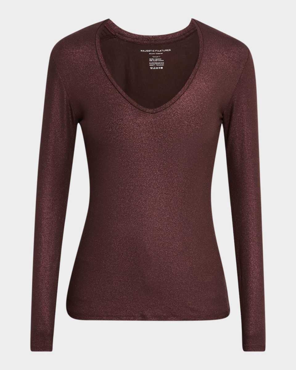 Metallic Long-Sleeve V-Neck Tee